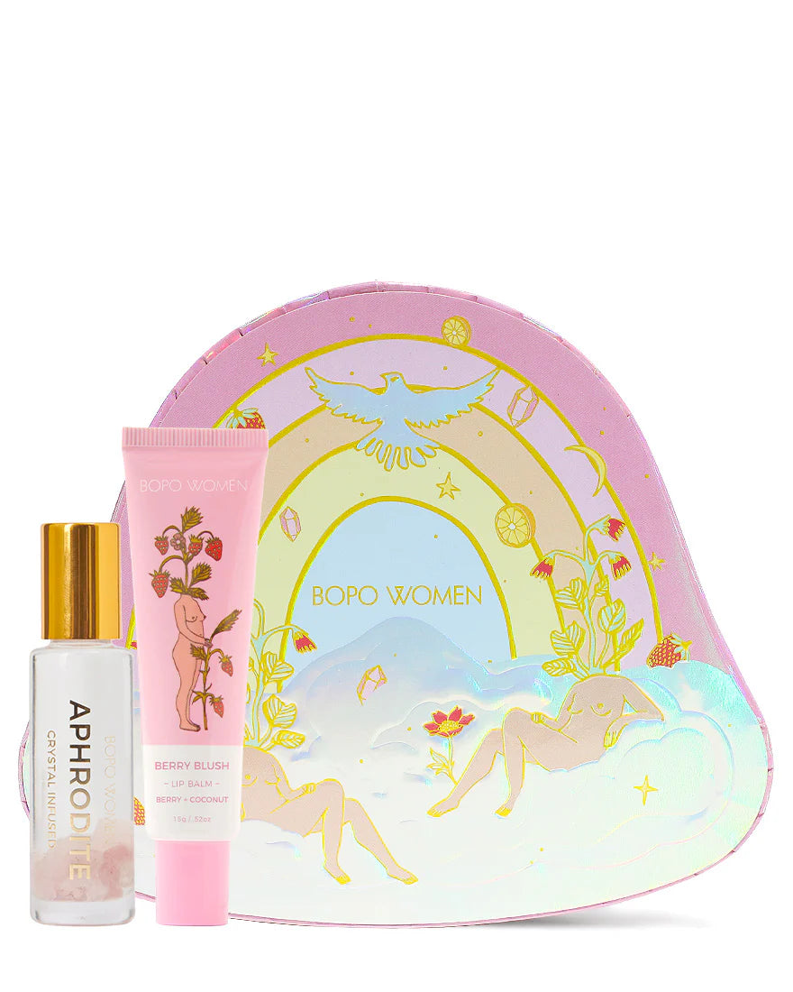 Beauty product set, pink lip balm and Perfume roller. Kenmore Village Florist. Brisbane gift delivery.