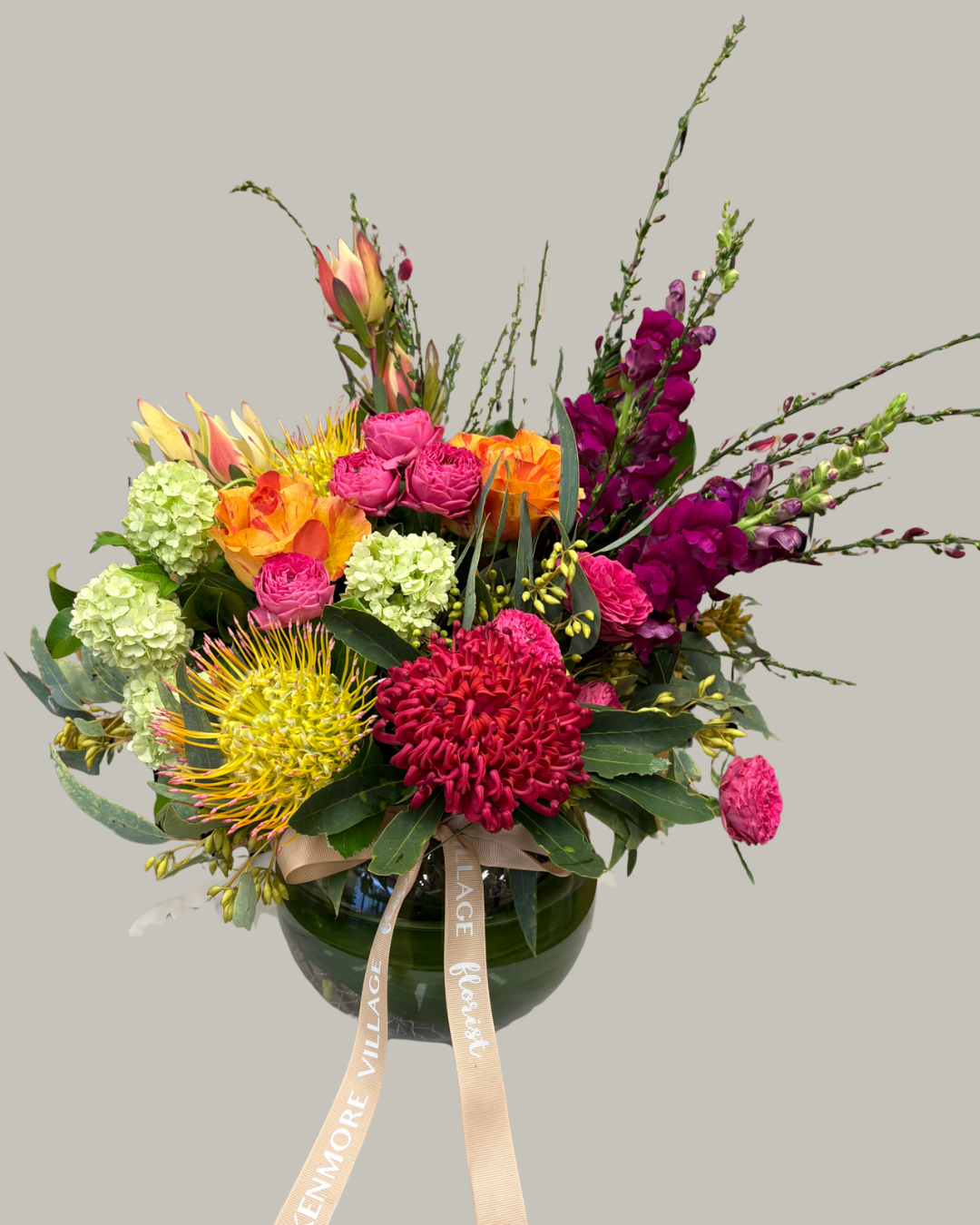 Signature size fishbowl bright arrangement. Brisbane flower delivery. Same day delivery kenmore village florist Brisbane 