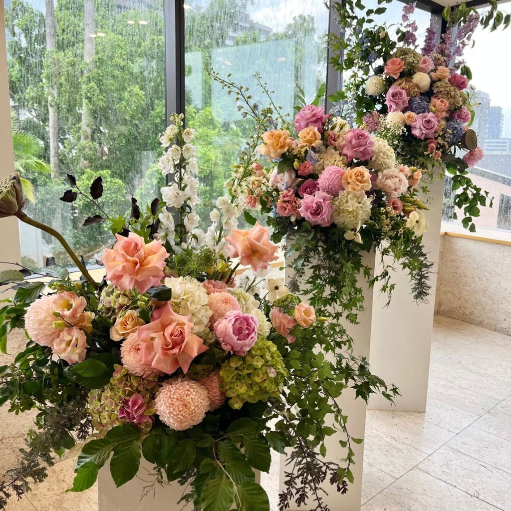Large pedestal arrangements, party and event flowers. Kenmore Village Florist, Brisbane.