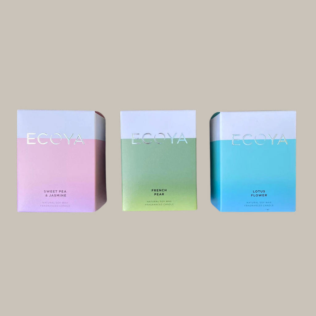 Ecoya Madison soy candles in pastel pink, green, and blue packaging. Kenmore Village Florist. Brisbane gifts.