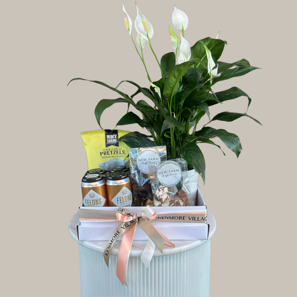 Mens gift hamper with flowers, snacks, and drinks. Kenmore Village Florist. Brisbane gifts and flower delivery.