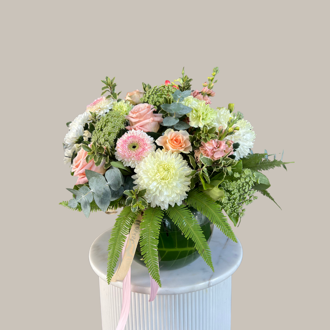 Pastel Fish bowl Arrangement. Kenmore Village Florist. Brisbane Flower Delivery.