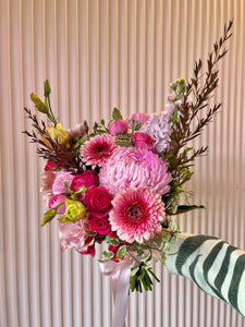 Bouquet of pink and green flowers. Bridal fuss free flowers. Brisbane Weddings and Event Florist. Kenmore Village Florist.