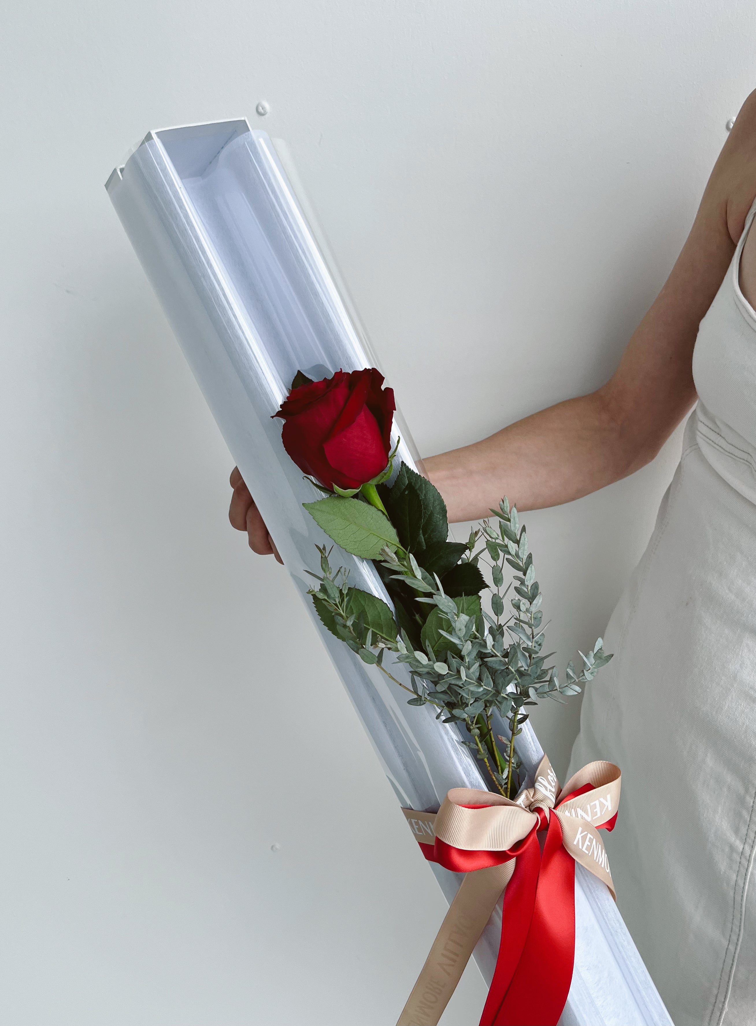 Single red rose, presented in a white box. Kenmore Village Florist. Brisbane Flower Delivery.