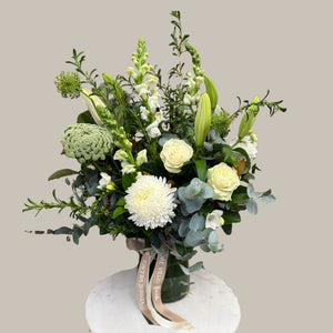 Vase of green and white flowers for Sympathy. Kenmore Village Florist. Brisbane Flower Delivery.
