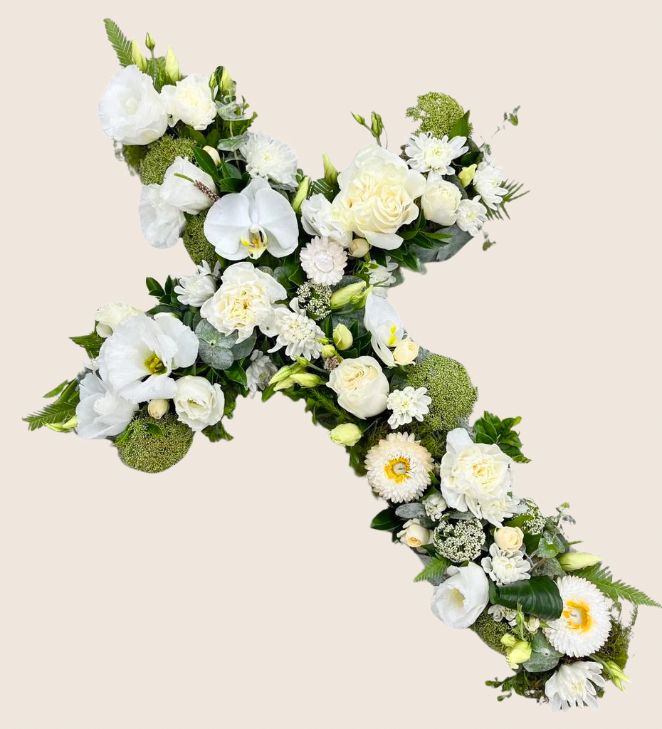 Cross Flowers for Funeral. White and Green. Brisbane Funeral Flowers. Kenmore Village Florist.