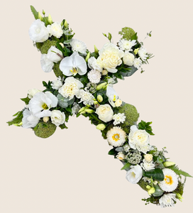Cross Flowers for Funeral. White and Green. Brisbane Funeral Flowers. Kenmore Village Florist.