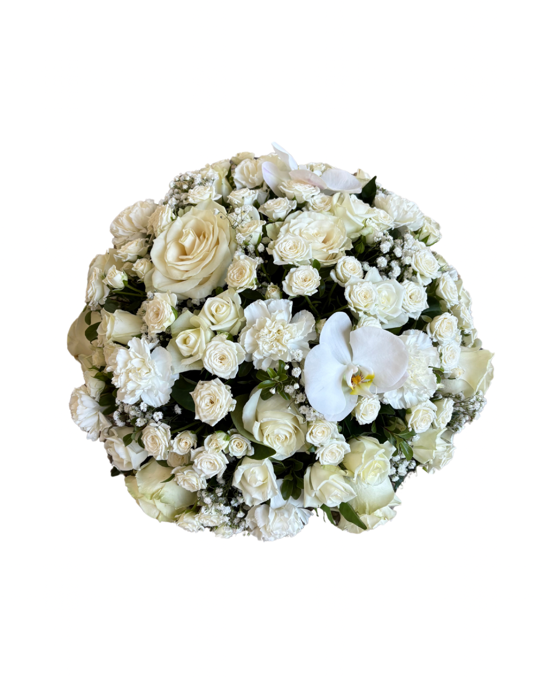 A classic white posy pad tribute arrangement made of ivory roses, spray roses, carnations, orchids, and baby's breath. Kenmore Village Florist, Brisbane