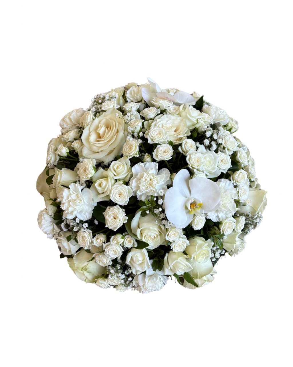 A classic white posy pad tribute arrangement made of ivory roses, spray roses, carnations, orchids, and baby's breath. Kenmore Village Florist, Brisbane