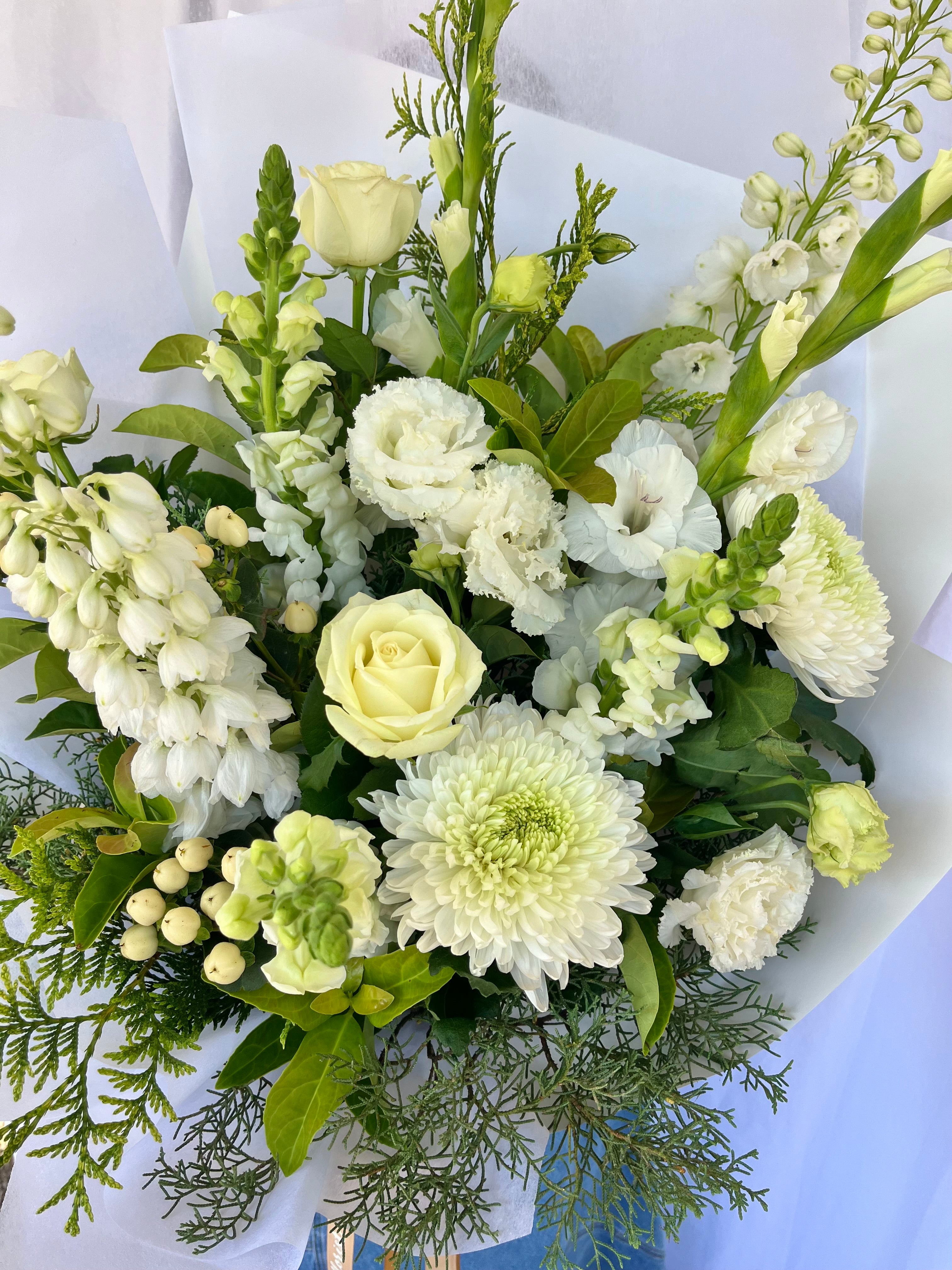 White and green bouquet for Christmas. Brisbane florist. Same day flower delivery. 