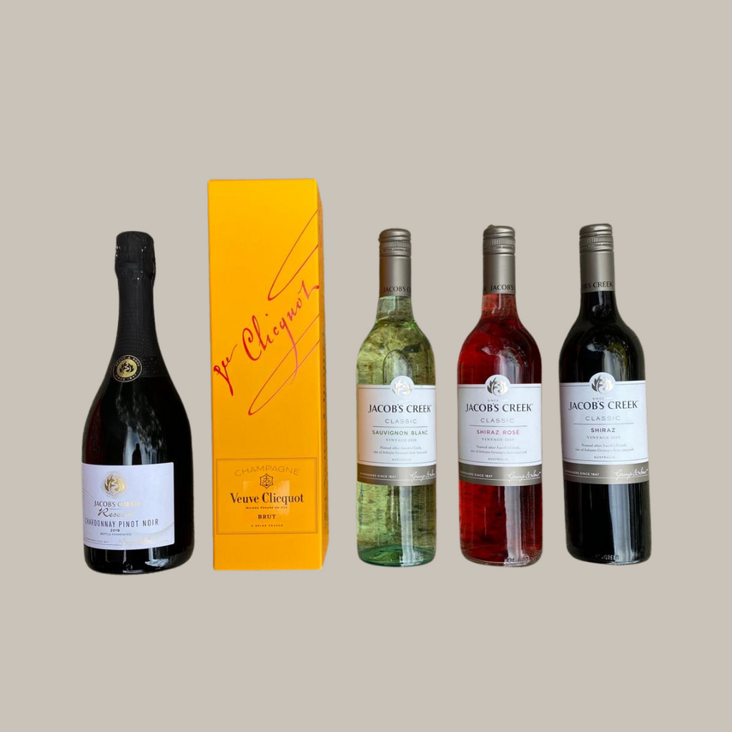 A collection of champagne and wine bottles, including a bottle of Veuve Clicquot Brut Yellow Label Champagne and three bottles of Jacob's Creek wine. Brisbane gift delivery.